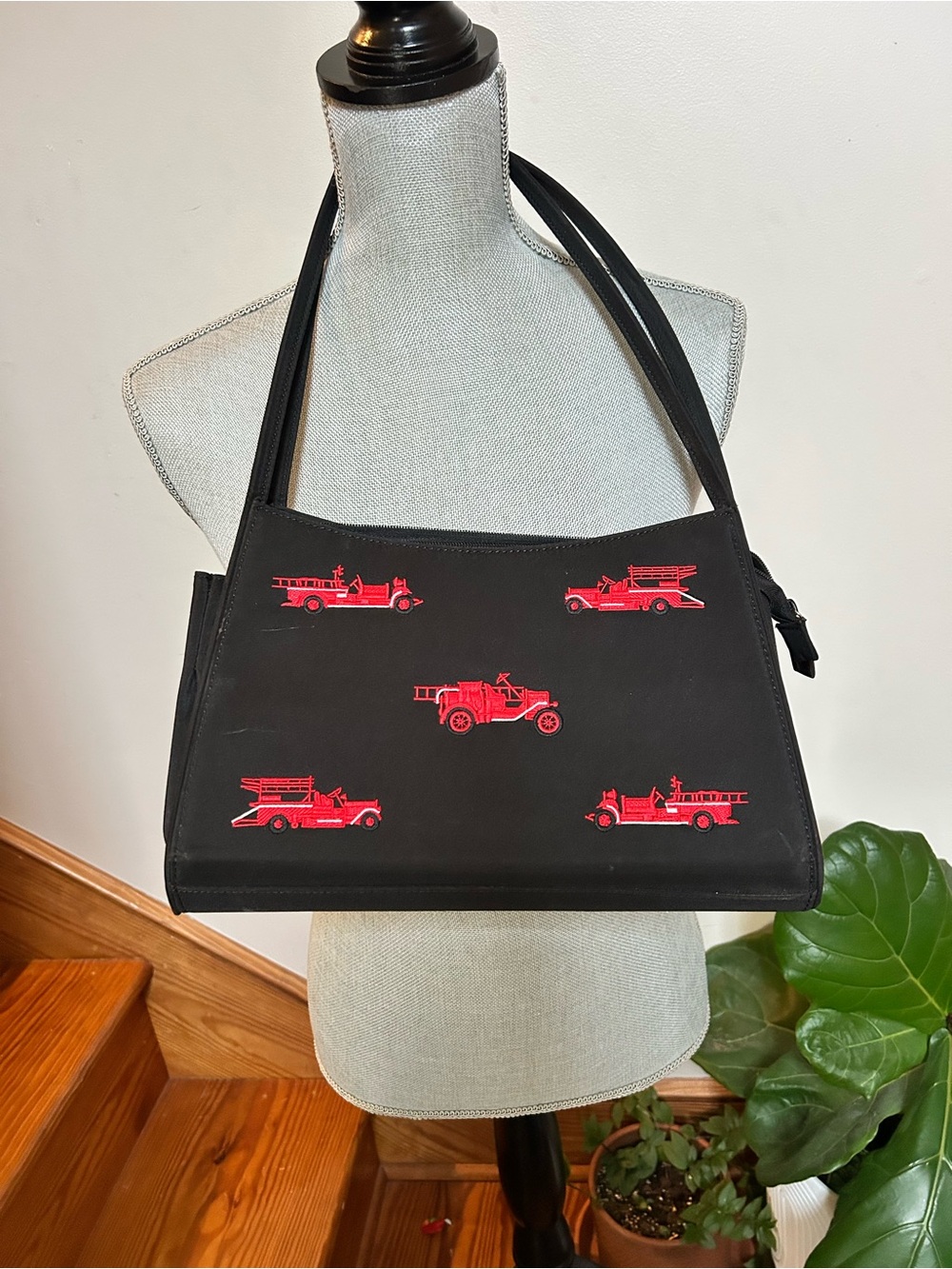 Black Shoulder Tote with Red Fire Truck Embroidery